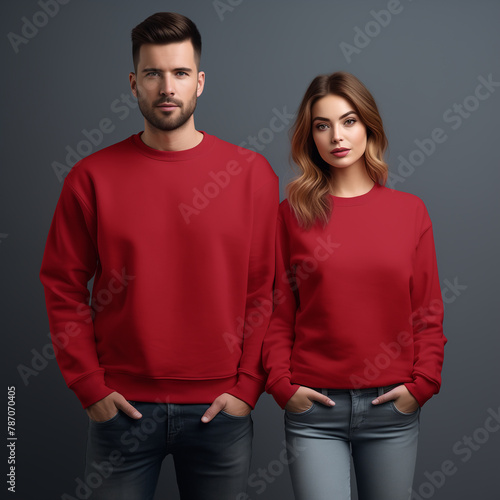 Maroon sweatshirt on models mockup. Young woman and man couple mockup. Family, couple matching shirts template. Front view of pulover. Husband and wife or girlfriend with boyfriend indoor mock (ID: 787070405)