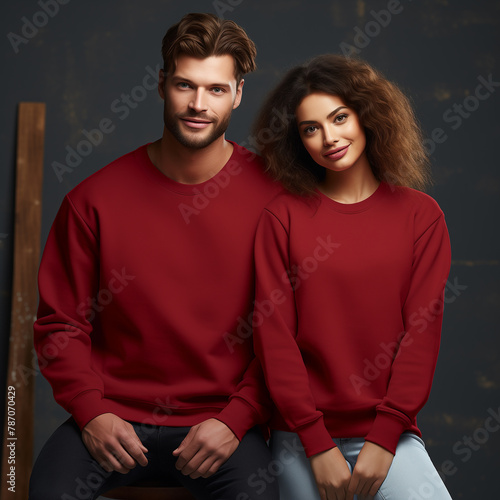 Young woman and man couple mockup. Gildan 18000 sweatshirt on models mockup. Family, couple matching shirts template. Front view of red machoon pulover. Husband and wife or girlfriend with boyfriend  (ID: 787070429)