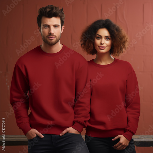 Young woman and man couple mockup. Cherry red sweatshirt on model mockup. Family, couple matching shirts template. Front view of pulover. Husband and wife or girlfriend with boyfriend indoor mock (ID: 787070448)