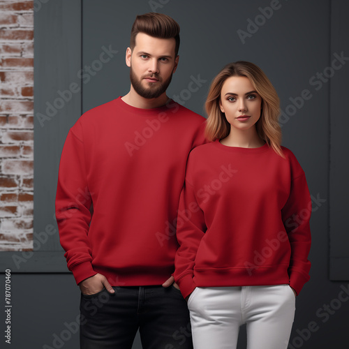Young woman and man couple mockup. Cherry red sweatshirt on models mockup. Family, couple matching shirts template. Front view of pulover. Husband and wife or girlfriend with boyfriend indoor mock (ID: 787070460)