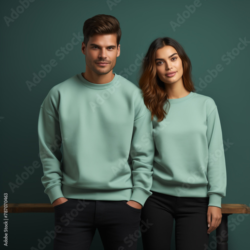 Young woman and man couple in mint green sweatshirt Gildan 18000 mockup. Family, couple matching shirt. Front view of pulover. Husband and wife or girlfriend with boyfriend, indoor models mock up (ID: 787070463)