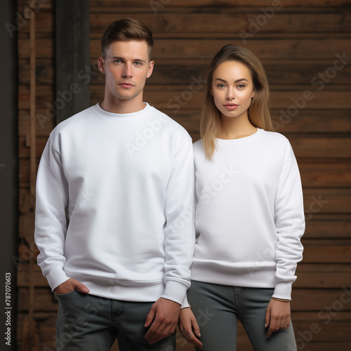 White sweatshirt on model mockup. Young woman and man couple mockup. Family, couple matching shirts template. Front view of pulover. Husband and wife or girlfriend with boyfriend indoor mock (ID: 787070613)