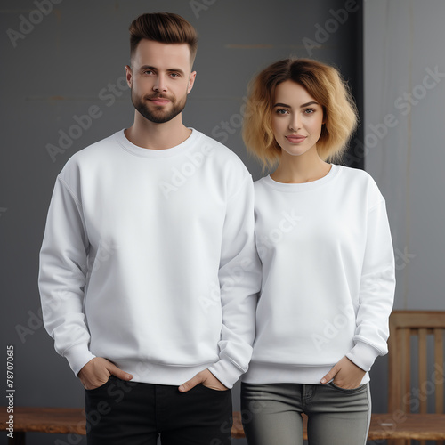 Young woman and man couple mockup. Natural white sweatshirt on model mockup. Family, couple matching shirts template. Front view of pulover. Husband and wife or girlfriend with boyfriend indoor mock (ID: 787070615)