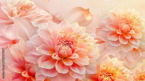 Watercolor dahlias in sunset colors, gold strokes on pink to yellow gradient.