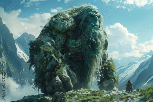 A fantasy movie still of an enormous greenish gray troll with long hair and beard in the mountains. Created with Ai
