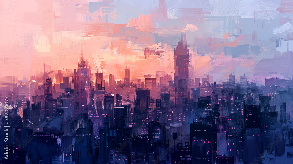 City at twilight, buildings' navy shadows against peach and lilac sky, mark day's silent end.