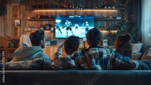 A group of friends sit and watch the game on the TV screen.