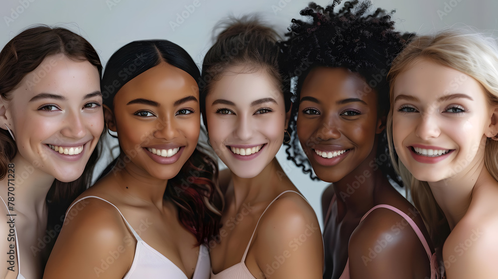 Beautiful smiling women with different skin and hair color are posing close to each other. Multicultural diversity Beautiful smiling women with different skin and hair color are posing close to each other. Multicultural diversity