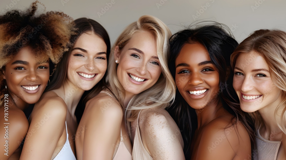 Beautiful smiling women with different skin and hair color are posing close to each other. Multicultural diversity Beautiful smiling women with different skin and hair color are posing close to each other. Multicultural diversity