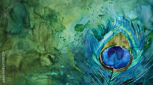 Peacock feather's elegance spreads in watercolor blues, from spot to emerald. photo