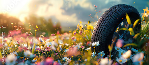 Summer tires on a blooming meadow under the sun. Time for summer tire. photo