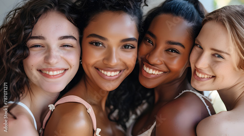 Beautiful smiling women with different skin and hair color are posing close to each other. Multicultural diversity