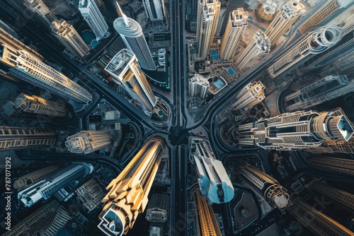 This aerial photo showcases a cityscape characterized by towering skyscrapers and high-rise buildings, Aerial angle of Dubai's modern architectural achievements, AI Generated