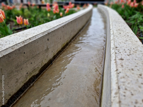concrete gutter irrigation overhead channel. flower beds around concrete casting with a stream. orange tulips in the park.