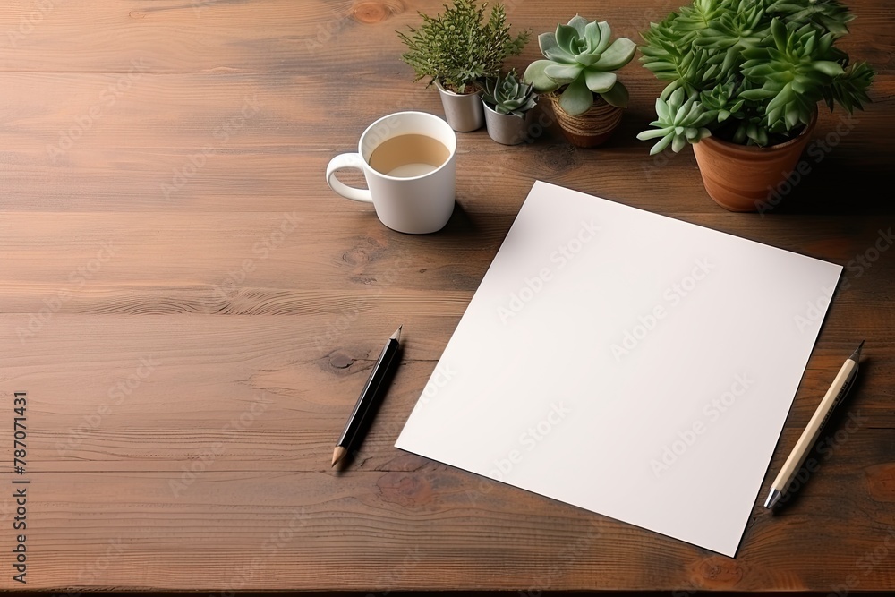 A white sheet of notebook on a wooden desk. Office mockup, top view A white sheet of notebook on a wooden desk. Office mockup, top view