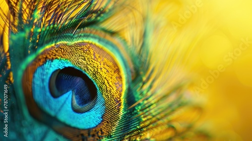 Abstract macro peacock feather, blur, multicolored exotic bird on yellow background photo