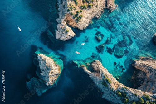 Aerial View of a Body of Water Surrounded by Rocks, Aerial view of a blue sea sheltering a myriad of tiny rock islands, AI Generated photo
