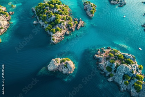 This photo showcases an expansive view of numerous small islands scattered across the ocean, Aerial view of a blue sea sheltering a myriad of tiny rock islands, AI Generated photo