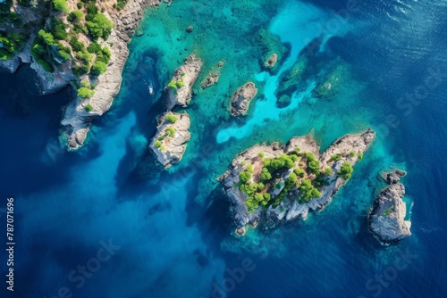 Aerial View of a Body of Water Surrounded by Rocks, Aerial view of a blue sea sheltering a myriad of tiny rock islands, AI Generated