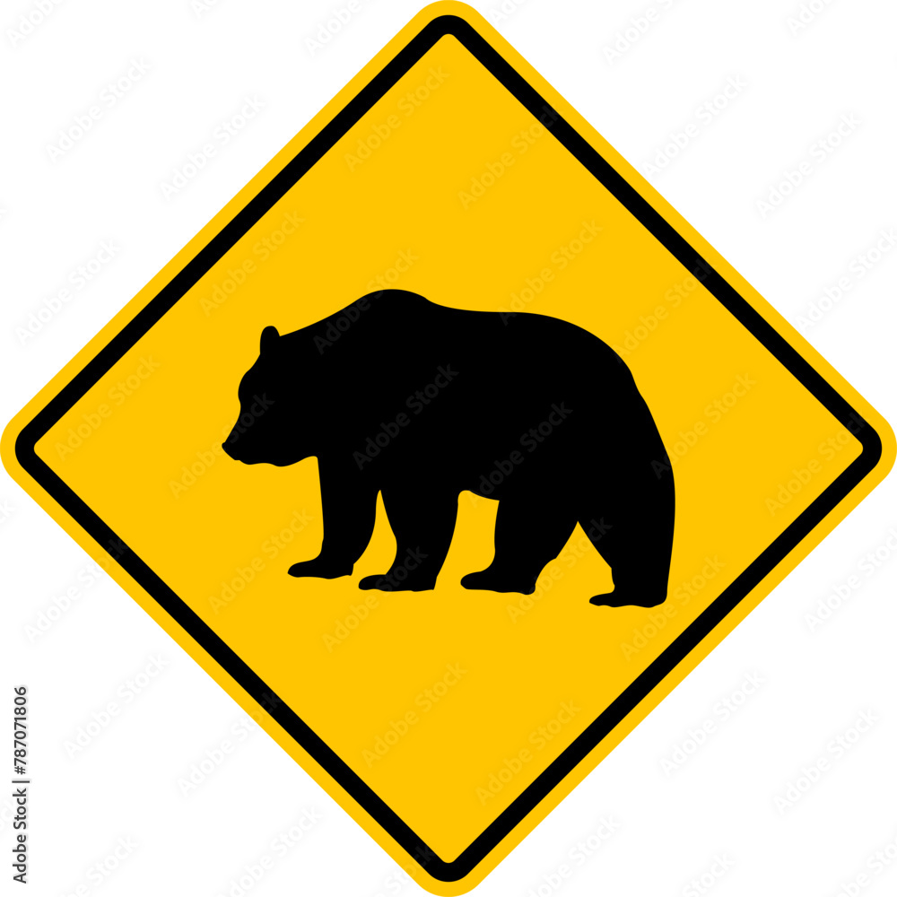 Sign bear. Warning sign about a bear crossing. Yellow diamond road sign with a bear icon inside. Risk of collision. Wild nature. Rhomb road sign. Sign bear. Warning sign about a bear crossing. Yellow diamond road sign with a bear icon inside. Risk of collision. Wild nature. Rhomb road sign.