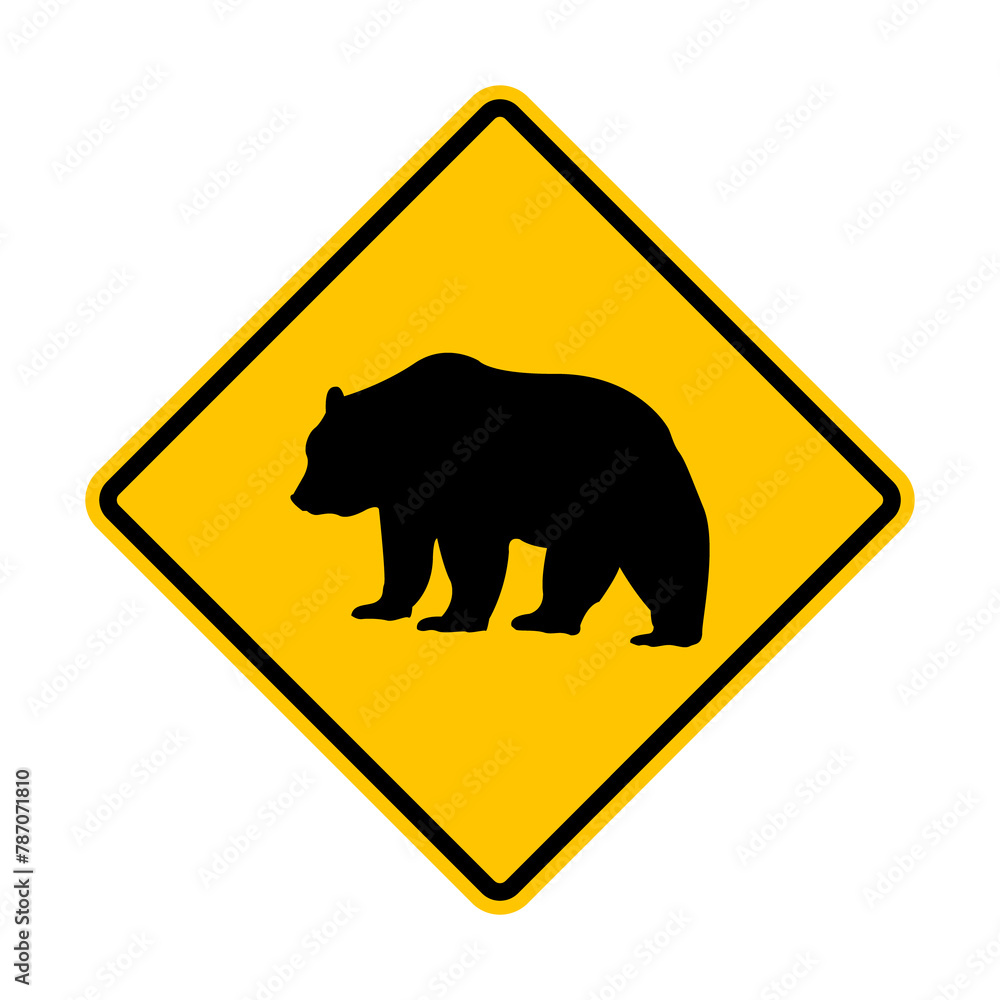 Sign bear. Warning sign about a bear crossing. Yellow diamond road sign with a bear icon inside. Risk of collision. Wild nature. Rhomb road sign. Sign bear. Warning sign about a bear crossing. Yellow diamond road sign with a bear icon inside. Risk of collision. Wild nature. Rhomb road sign.