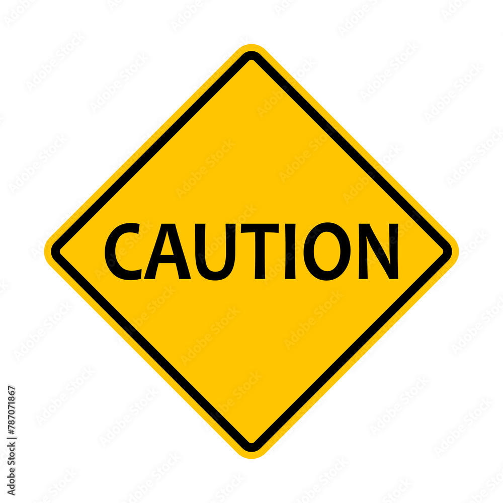 Caution sign. Yellow diamond shaped warning road sign. Diamond road sign. Rhombus road sign. Beware danger. Caution sign. Yellow diamond shaped warning road sign. Diamond road sign. Rhombus road sign. Beware danger.