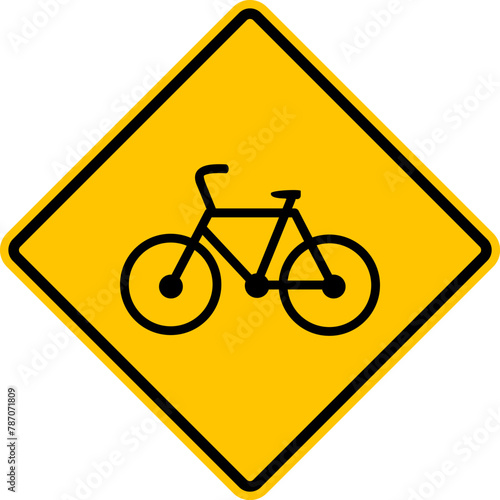 Bike path sign. Yellow diamond warning sign for bicycle lane. Diamond road sign. Rhombus road sign.