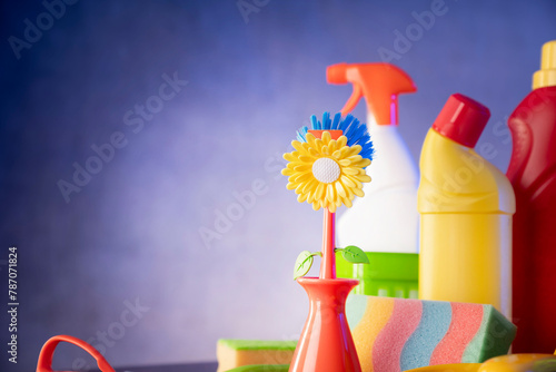 Colorful cleaning products composition. Place for typography.