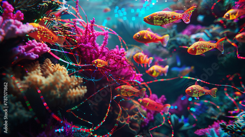 Bioluminescent underwater tech scene, circuit corals and hologram fish for digital marine life. photo