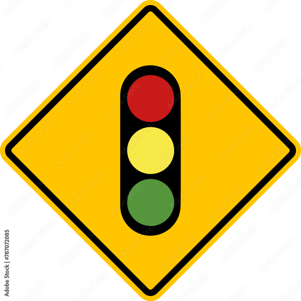 Traffic light sign. Yellow diamond shaped warning road sign. Diamond ...
