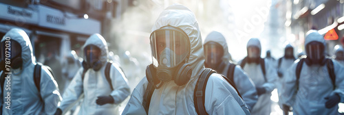 People using bio hazard suits on city streets due to pollution and bad air quality.  photo