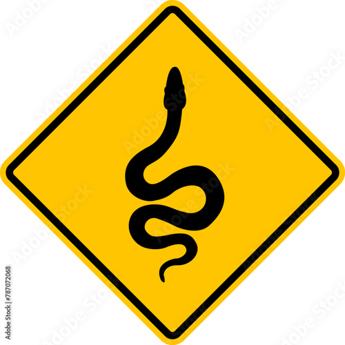 Snake sign. Snake warning sign. Snake danger sign. Rhomb road sign. Yellow diamond road sign with a poisonous snake icon inside. Risk of snake bite. Carefully snake. Snake poison.