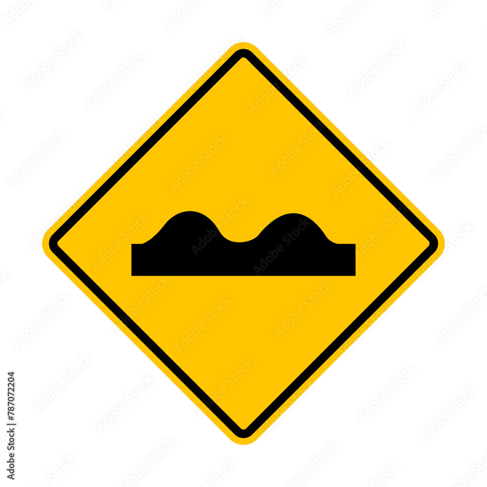 Unevens sign on road. Yellow diamond shaped warning road sign. Diamond road sign. Rhombus road sign. Road with holes and potholes. Unevens sign on road. Yellow diamond shaped warning road sign. Diamond road sign. Rhombus road sign. Road with holes and potholes.