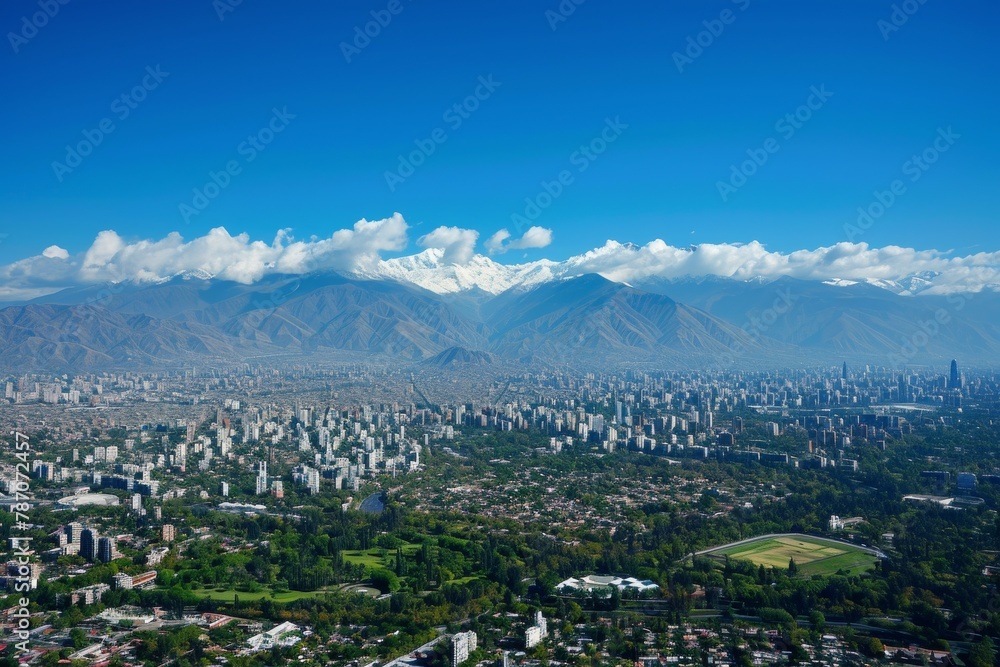This aerial photograph captures the sprawling cityscape with majestic mountains serving as a stunning backdrop, Aerial view of Santiago framed by Andes Mountain range, AI Generated