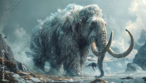 A mythical creature resembling a mammoth roams through a snowy forest, creating a stunning landscape against the backdrop of dark clouds © RichWolf