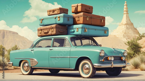 Retro car with many suitcases on the roof. Packing for vacation trip, travelling with vintage car. Road trip concept photo