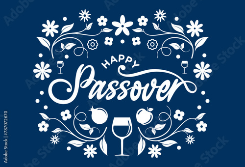 Happy Passover card, graphic, clipart, vector illustration for Happy Passover banner, greeting card design with cute handwritten text calligraphy lettering, springtime floral pattern
