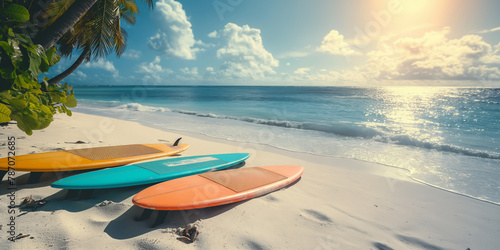 Surboards in different colors on the tropical beach with white sand and palm trees, summertime bright photography. Surfing vacation in exotic place, Hawaii, Carribean or Maldives