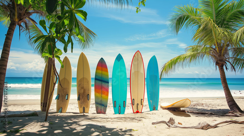 Surboards in different colors on the tropical beach with white sand and palm trees, summertime bright photography. Surfing vacation in exotic place, Hawaii, Carribean or Maldives © SARATSTOCK