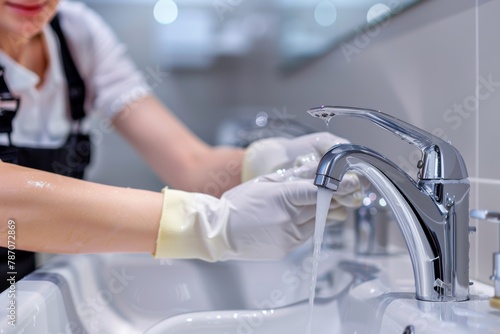 Female worker wearing gloves diligently cleaning and scrubbing the faucet in the bathroom
