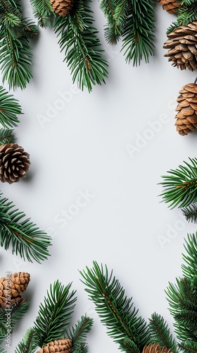 A minimalist Christmas-themed background with pine branches and pine cones on a white background.