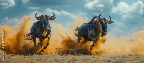 Two wildebeest, pack animals, are galloping across a dusty landscape under the open sky. The terrestrial animals move with grace and power in their natural habitat photo