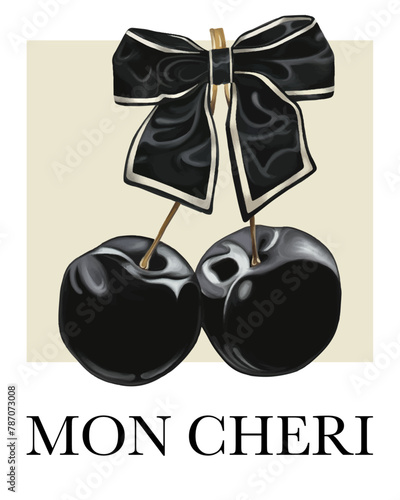 Vector poster design in modern style. Black cherries with a bow on a MON CHERI poster. Wall art photo