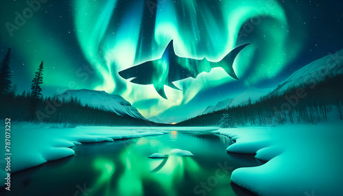 A majestic shark silhouette swims beneath the Northern Lights in a mesmerizing, snow-covered landscape.