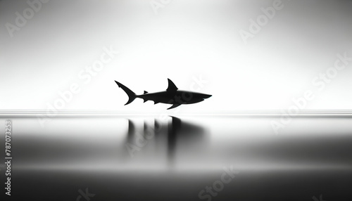 A serene shark silhouette gracefully glides over a calm reflective water surface in a minimalist setting. photo