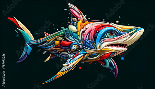 A vibrant cybernetic shark swims through a digital sea, surrounded by futuristic interfaces and neon lights.