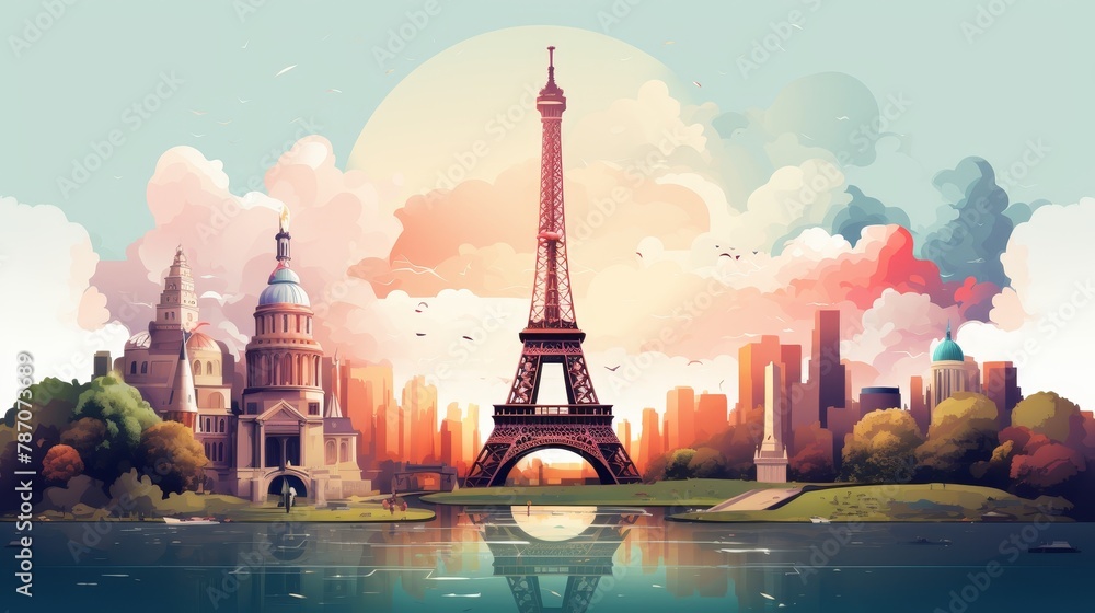 Stylized Illustration of Eiffel Tower and Global Landmarks - obrazy, fototapety, plakaty 