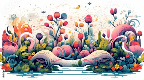 Fantastical Floral Ecosystem with Whimsical Fauna