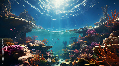 Underwater world with corals and fishes. 3d render.