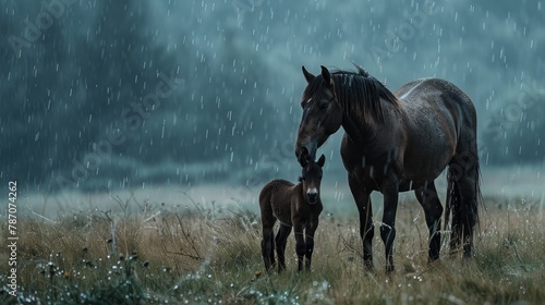 Foal and mother horse in the field during a rainy day photo